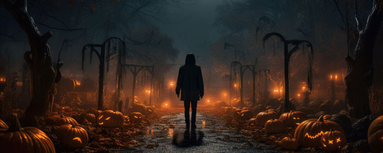 Gruseliger Mann allein auf Straße mit beleuchteten Kürbissen an Halloween
