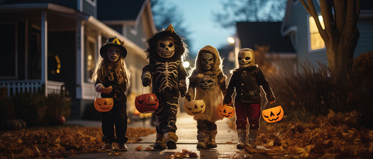 Gruselig verkleidete Kinder unterwegs an Halloween