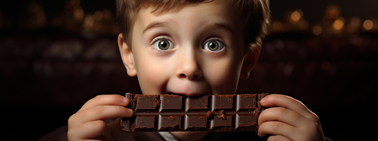 Kind beißt in eine Tafel Schokolade